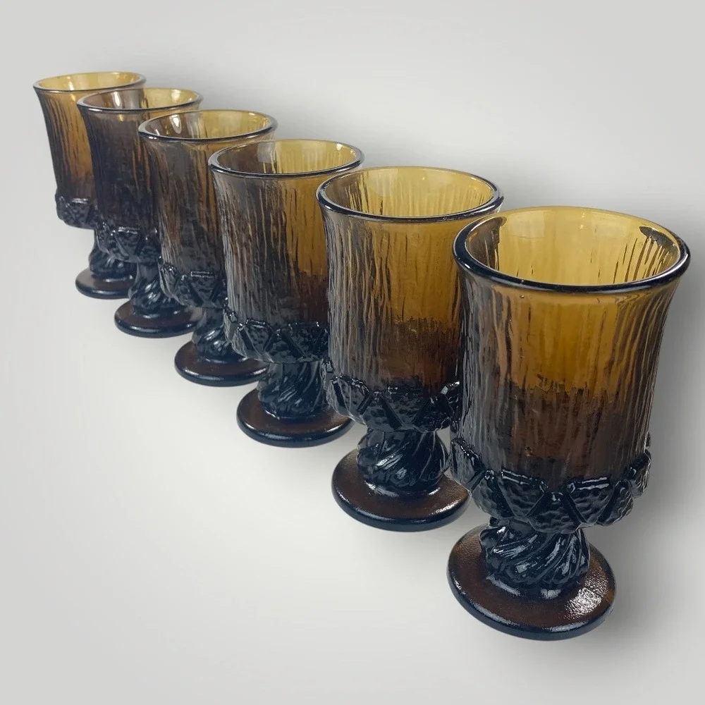 Fostoria Sorrento Brown Glass Water Goblets Set of 6 Vintage 1970s